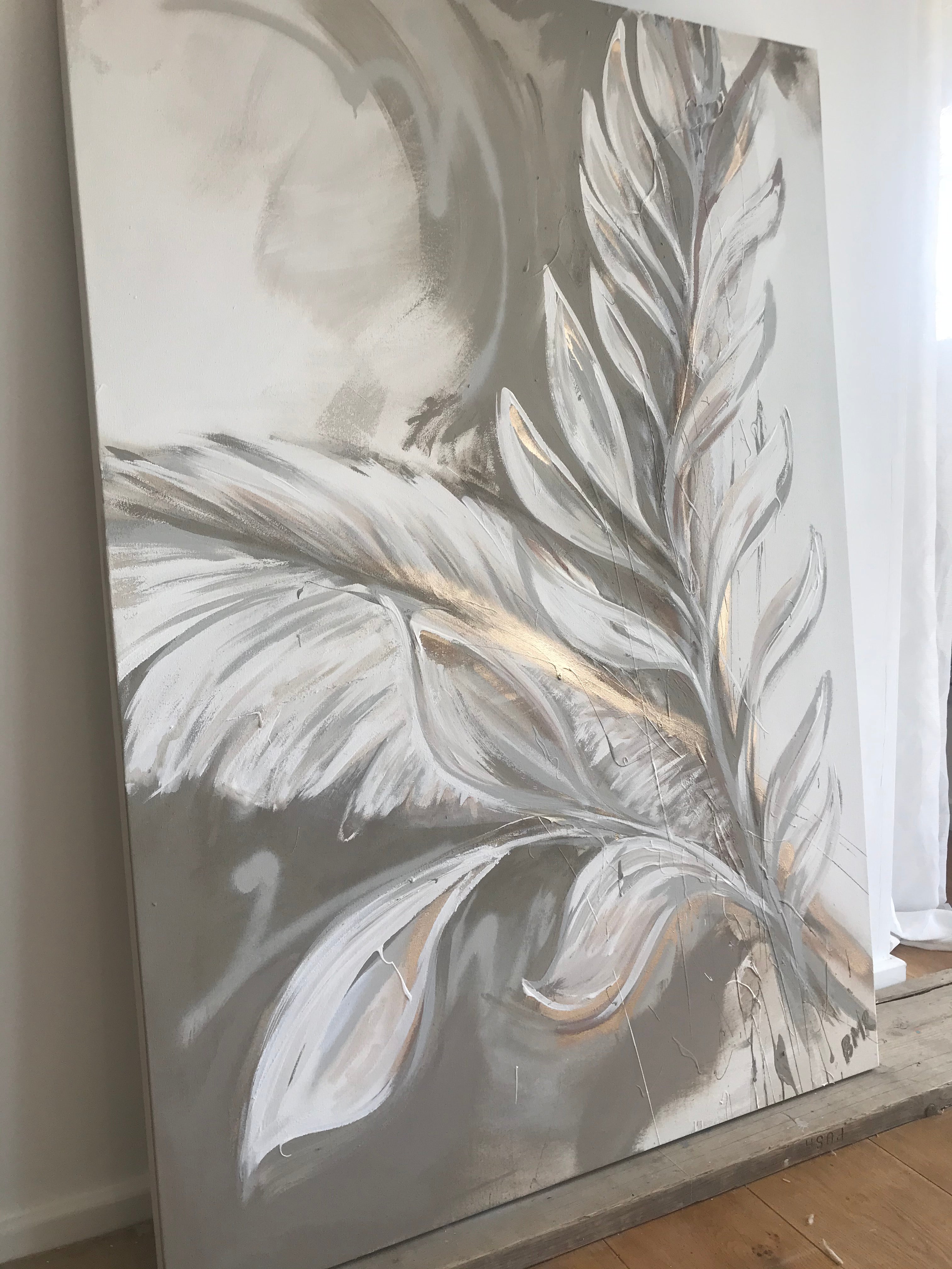 A collection of leaves painted in a gestural way with spray paint and paint splatters. By Artist Briony May Richardson at StudioBMR