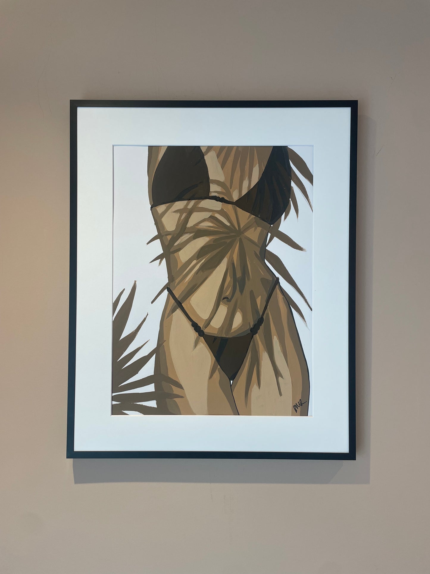 Framed figure painting inspired by Bali bikini beach setting.Palm tree leaves shadow over the figure.