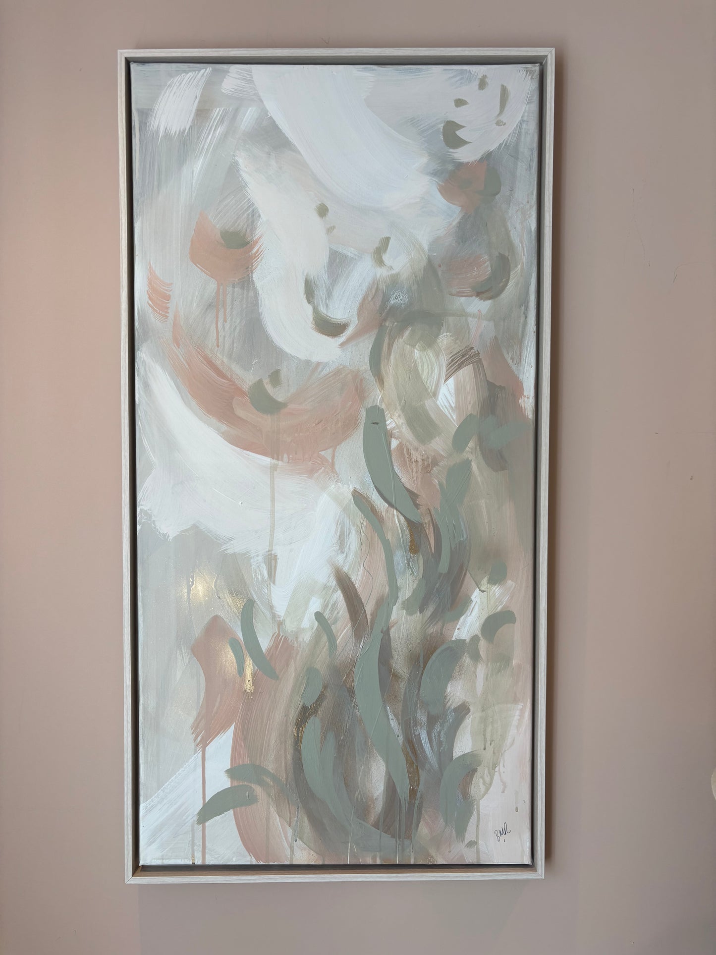 Abstract lustful painting in sage green and blush pink. Feather like brush strokes across the canvas. Created by UK artist Briony at StudioBMR