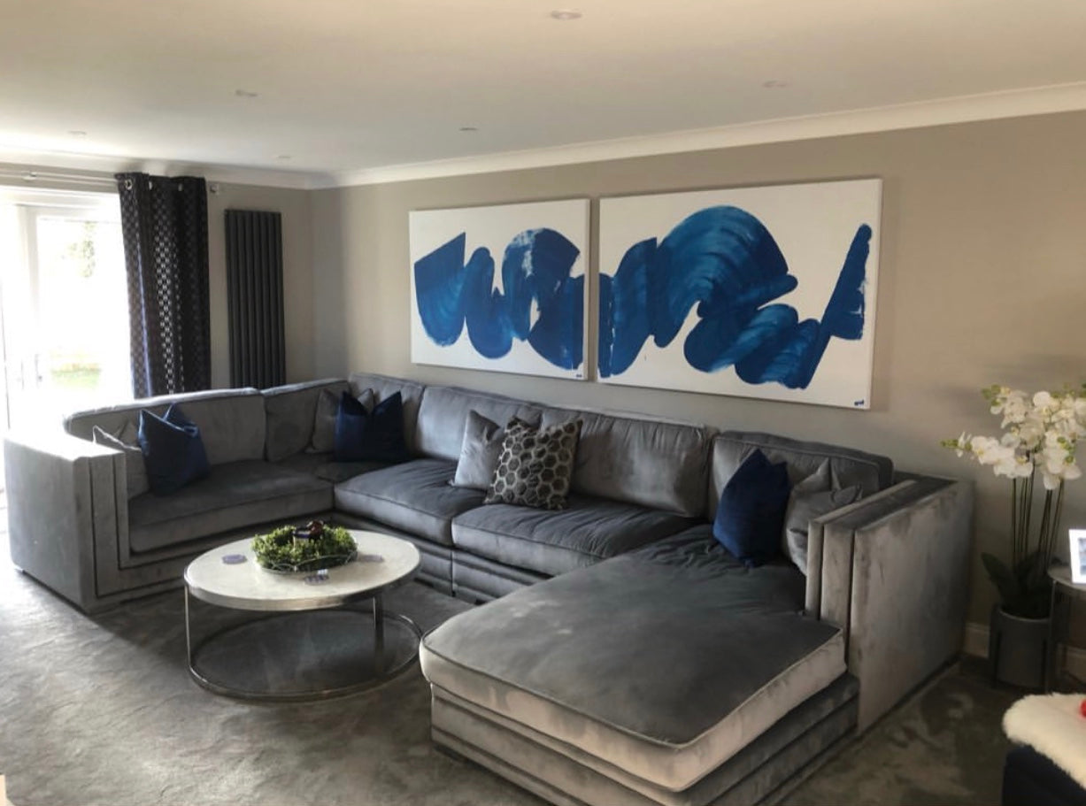 Royal blue large par of contemporary paintings. Painted by artist Briony May Richardson at StudioBMR.