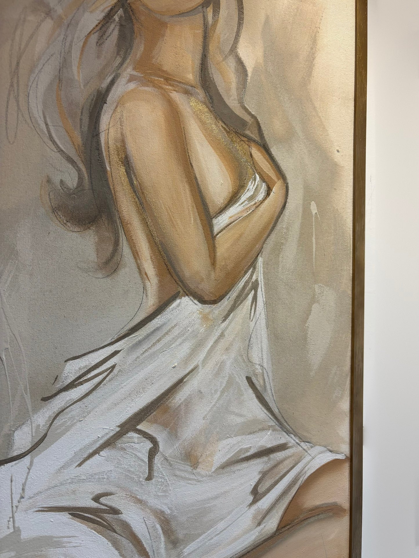 Contemporary figurative painting in neutral beige, white and grey tones. The painting is inspired by the renaissance period and features a fabric like composition of paint with the female form. Painted by artist Briony May Richardson at StudioBMR