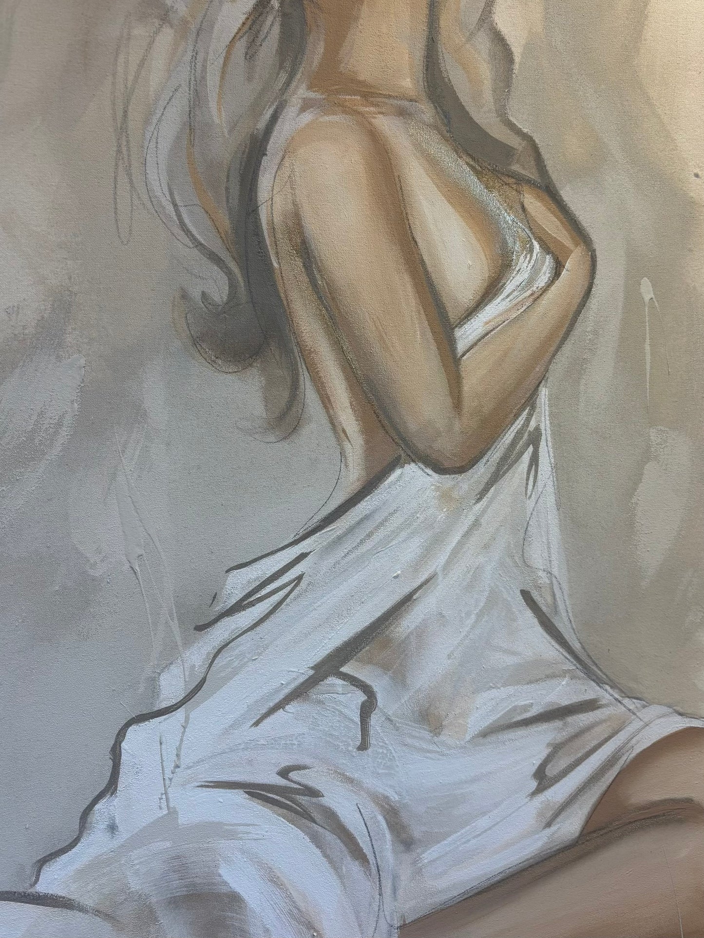 Contemporary figurative painting in neutral beige, white and grey tones. The painting is inspired by the renaissance period and features a fabric like composition of paint with the female form. Painted by artist Briony May Richardson at StudioBMR
