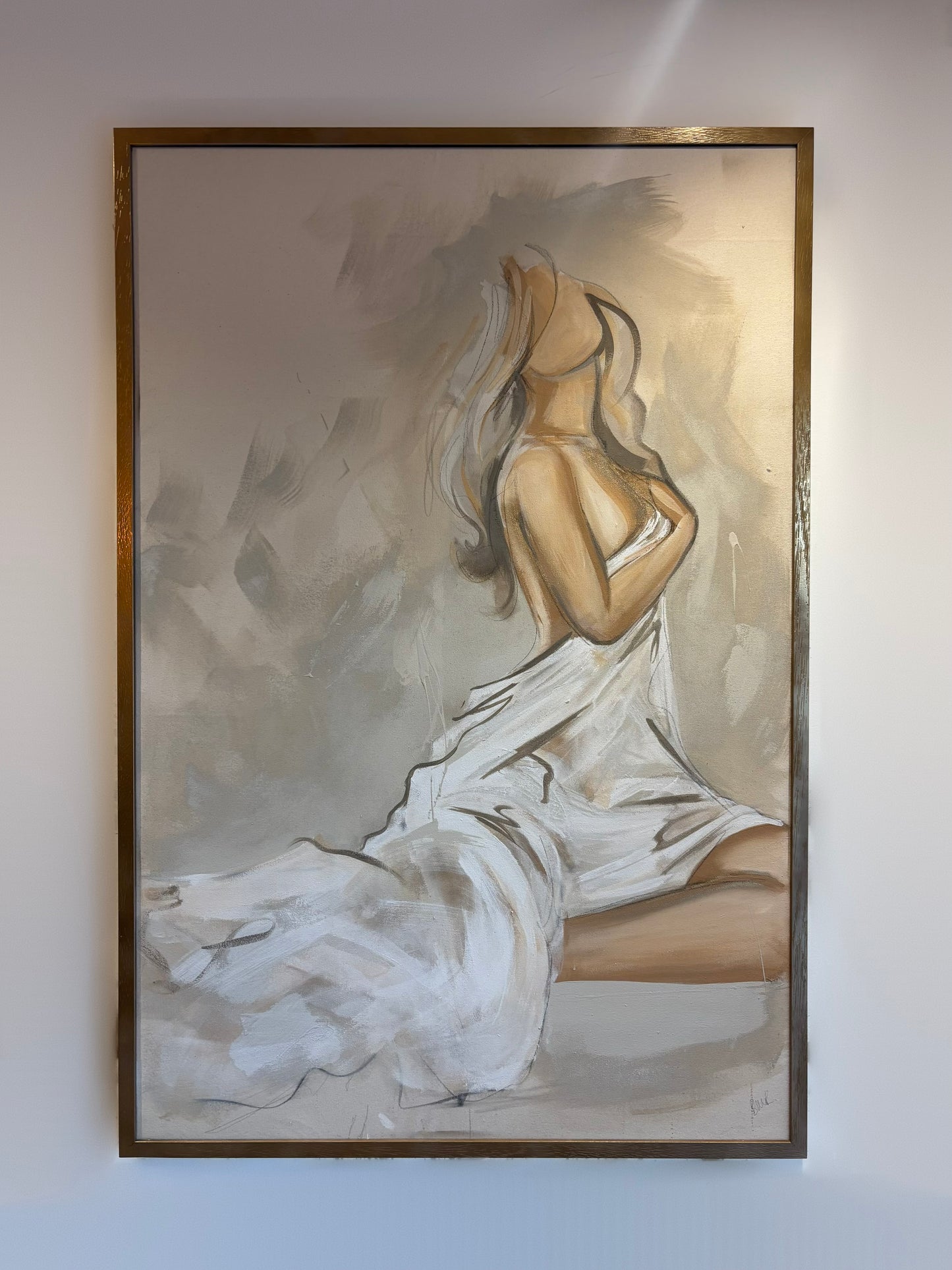 Contemporary figurative painting in neutral beige, white and grey tones. The painting is inspired by the renaissance period and features a fabric like composition of paint with the female form. Painted by artist Briony May Richardson at StudioBMR