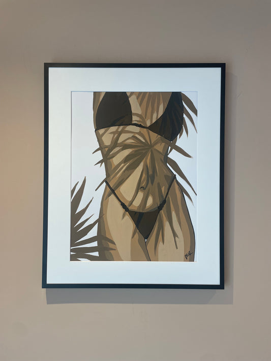 Framed figure painting inspired by Bali bikini beach setting.Palm tree leaves shadow over the figure. 