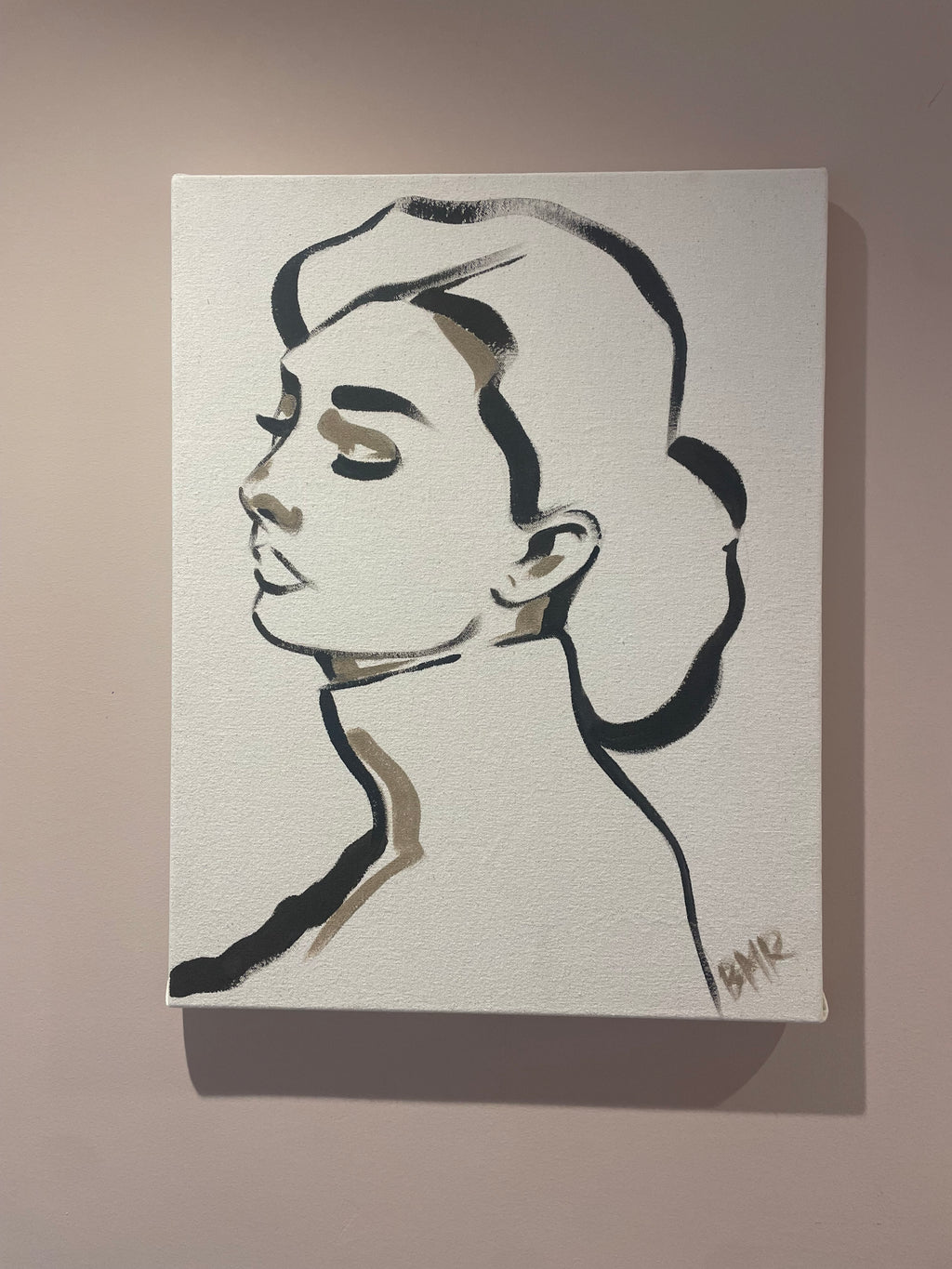 Black and mink tone minimalist silhouette line drawing painting of Audrey Hepburn. A contemporary take on Hepburns timeless imagery Created by UK artist Briony May Richardson at StudioBMR