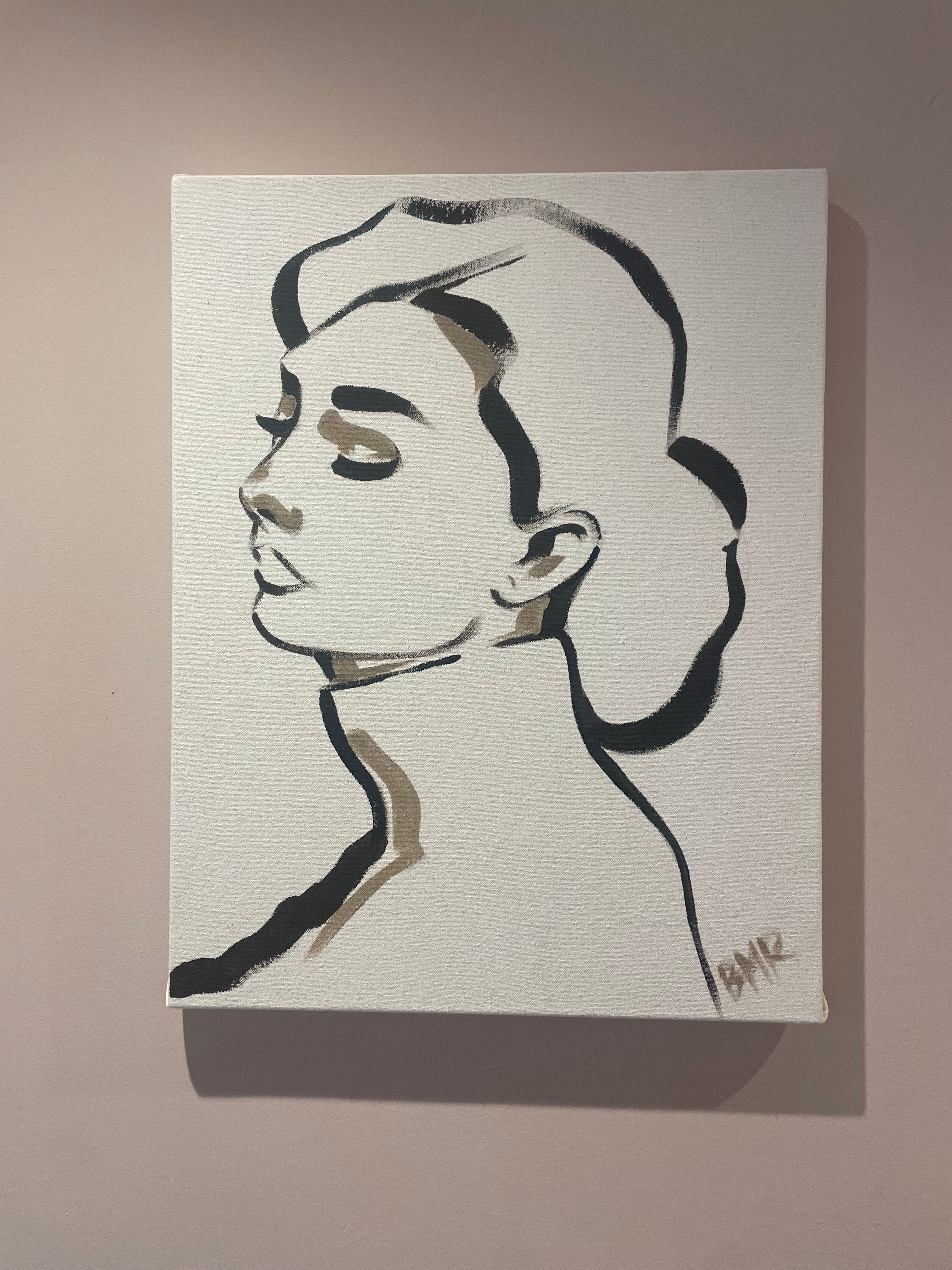 Black and mink tone minimalist silhouette line drawing painting of Audrey Hepburn. A contemporary take on Hepburns timeless imagery Created by UK artist Briony May Richardson at StudioBMR