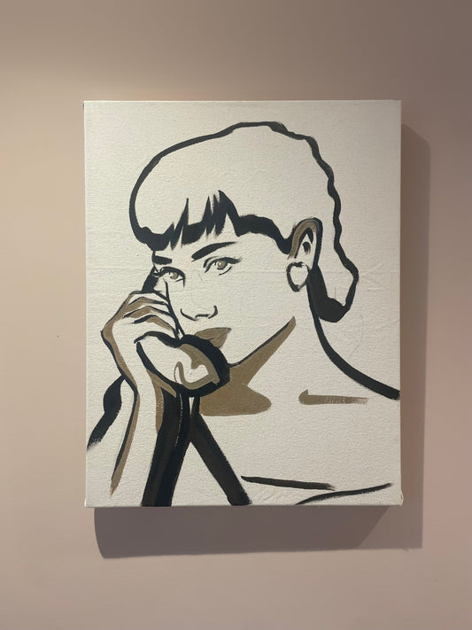 Black and mink tone line painting of Audrey Hepburn by Artist Briony May Richardson. At studioBMR
