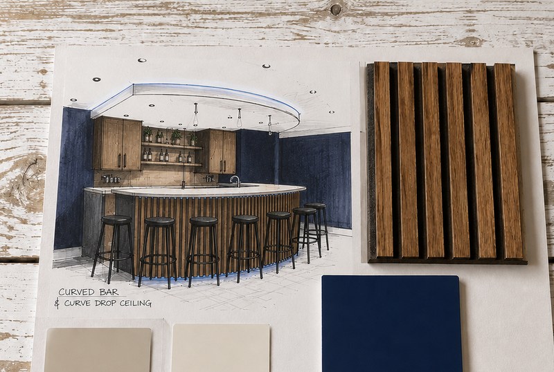 A styled interior design color board on a whitewashed wood background, featuring a bar concept illustration, wood slat wall panels, paint swatches labeled Taupe, Warm Off White, Royal Blue Accent, and Grey Wood Flooring, plus a black 8-ball and two darts.