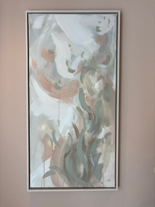 Abstract lustful painting in sage green and blush pink. Feather like brush strokes across the canvas. Created by UK artist Briony at StudioBMR