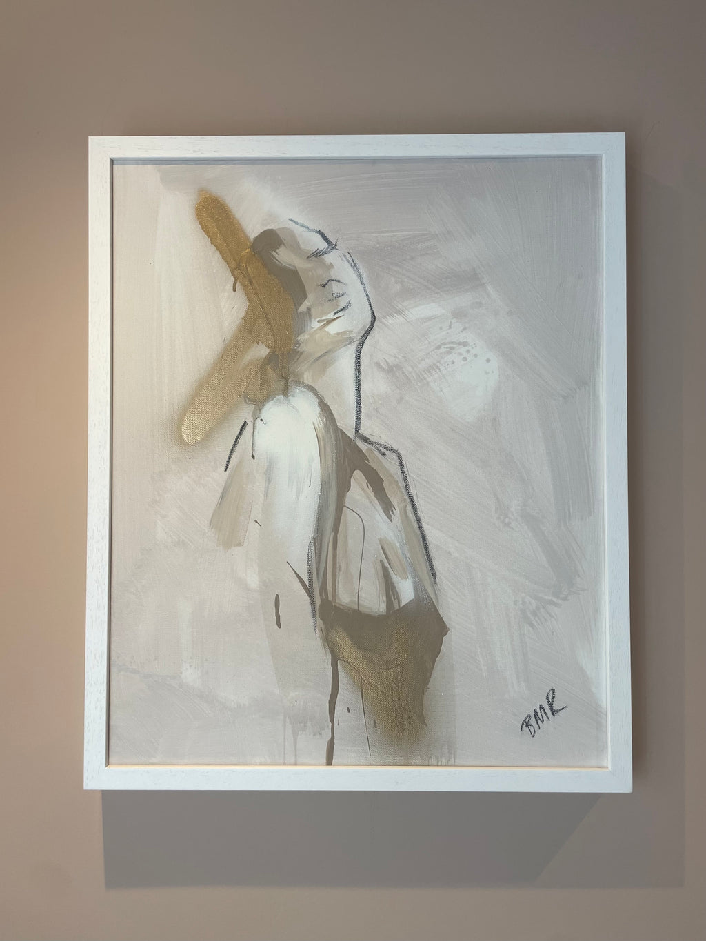Contemporary abstract figurative painting with a prominent graffiti like spray paint element in gold. Painted by UK artist Briony May Richardson at StudioBMR