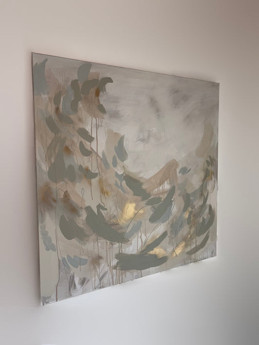 contemporary soft and elegant lustful abstract painting by uk artist Briony May Richardson at StudioBMR. Large brush strokes appear like feathers as they dance across the canvas in dusty pink and sage green tones. Background is washed in grey tones featuring specs of gold.