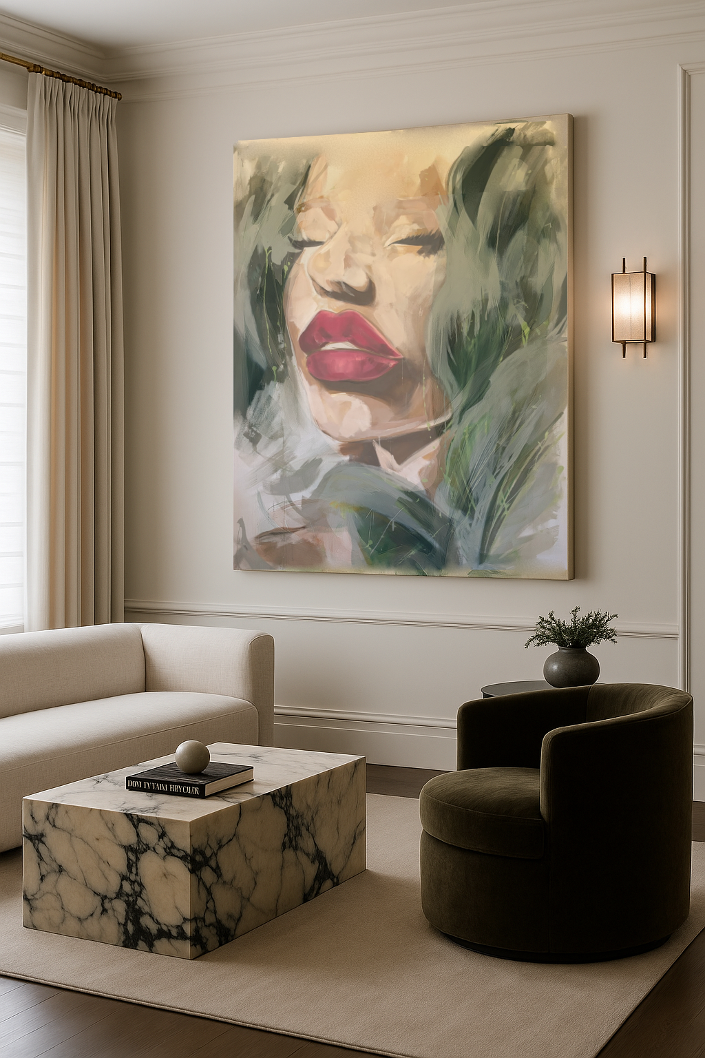 Living room with a large abstract painting of a woman's face, a marble coffee table, and a beige sofa.
Painting of a femaleface with red lips and sensual leaf movement and brush strokes.Bespoke artwork
Commissioned artwork
Custom Artwork
Custom painting for home
Hand painted wall art
Large original paintings for living room
Large statement artwork
Bespoke abstract art
Bespoke art for interiors
Original paintings for living room
Original art for interiors
Custom artwork for interior designers
Luxury wall art