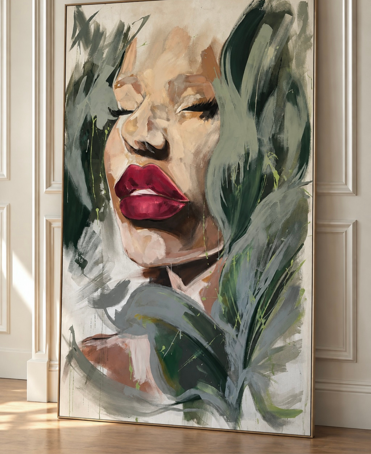 Contemporary abstract large figurative painting. Female face with lips and gestural brush strokes resembling leaves.
Bespoke artwork
Commissioned artwork
Custom Artwork
Custom painting for home
Hand painted wall art
Large original paintings for living room
Large statement artwork
Bespoke abstract art
Bespoke art for interiors
Original paintings for living room
Original art for interiors
Custom artwork for interior designers
Luxury wall art for interiors
Artwork for interior Designers
