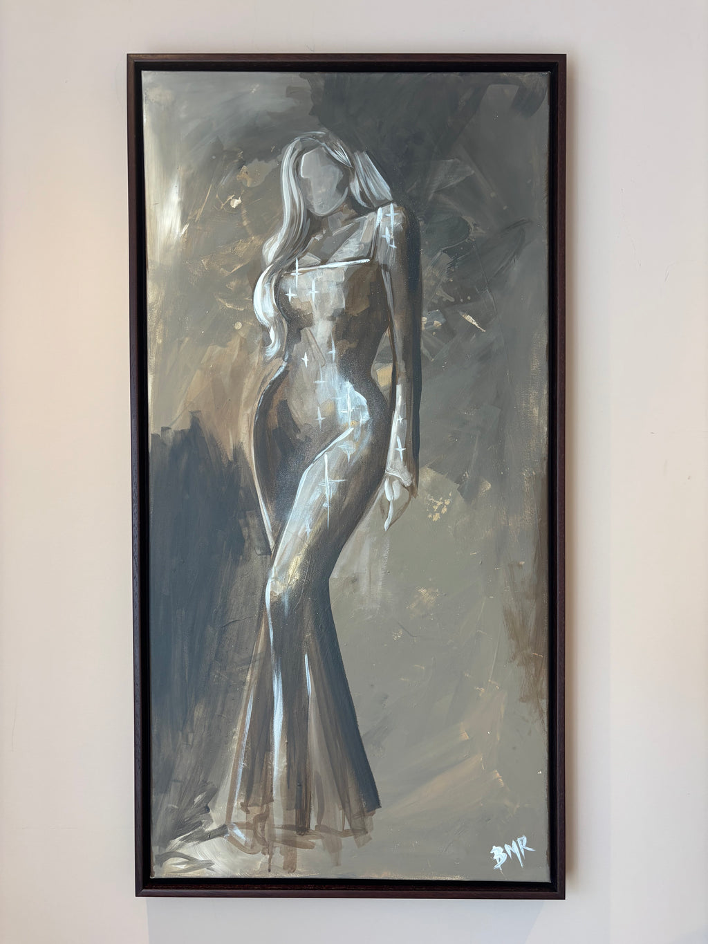 Subtle brown and earthy tone figurative painting with layers of paint markings and white highlights. Painted by Artist Briony May Richardson at studioBMR.