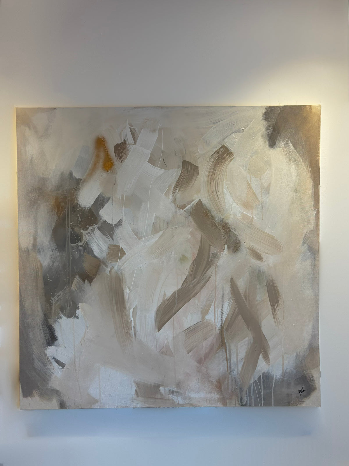 A contemporary abstract painting in neutral tones with a touch of pink, displayed on a wall.Hand painted wall art
Large original paintings for living room
Large statement artwork
Bespoke abstract art
Bespoke art for interiors
Original paintings for living room
Original art for interiors
Custom artwork for interior designers
Luxury wall art for interiors
Artwork for interior Designers

