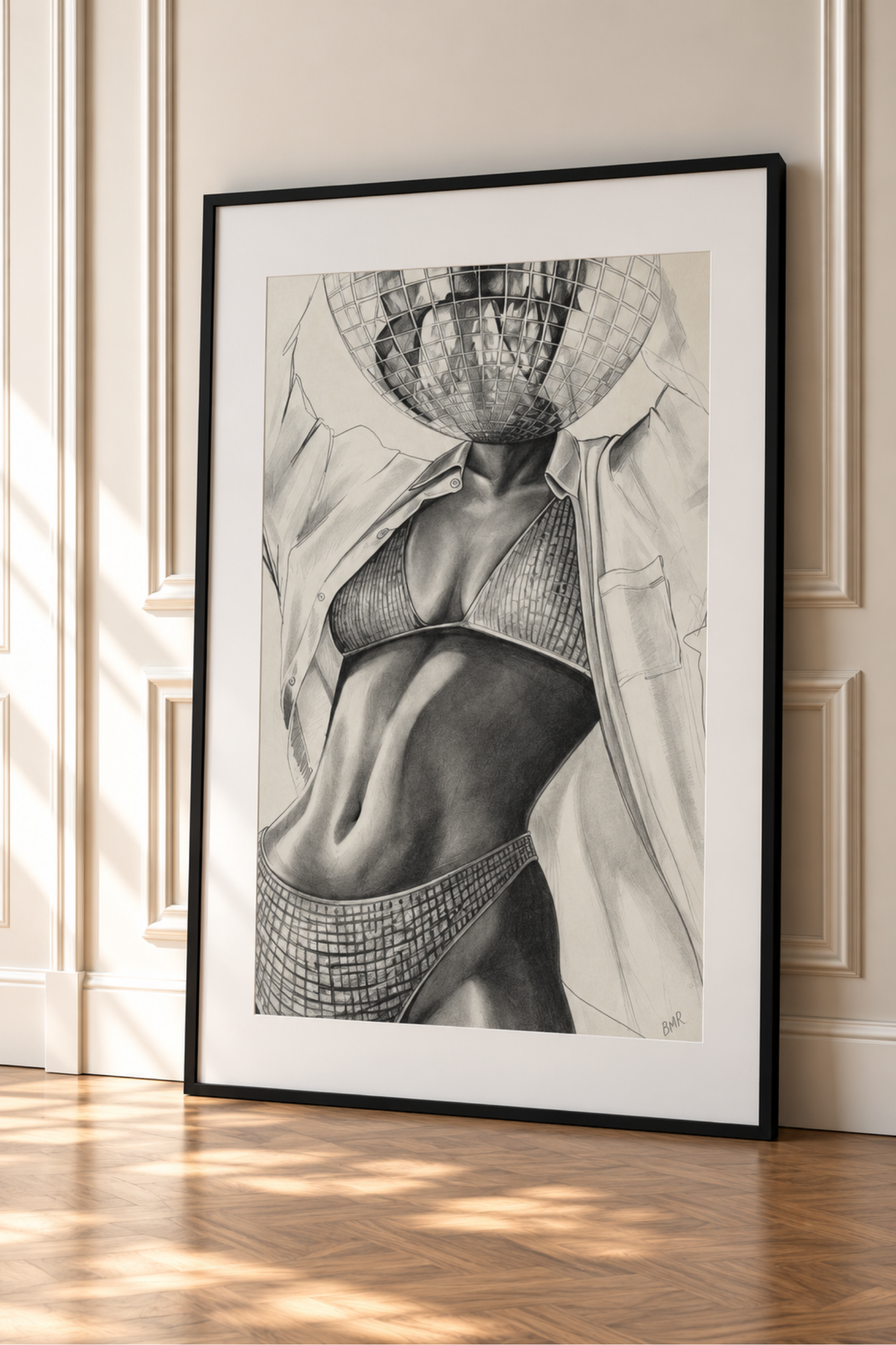 A framed black and white drawing leaning against a cream panelled wall on a wooden floor, showing a monochrome illustration of a woman in a bikini.Bespoke artwork
Commissioned artwork
Custom Artwork
Custom painting for home
Hand painted wall art
Large original paintings for living room
Large statement artwork
Bespoke abstract art
Bespoke art for interiors
Original paintings for living room
Original art for interiors
Custom artwork for interior designers
Luxury wall art for interiors
Artwork for interior Des