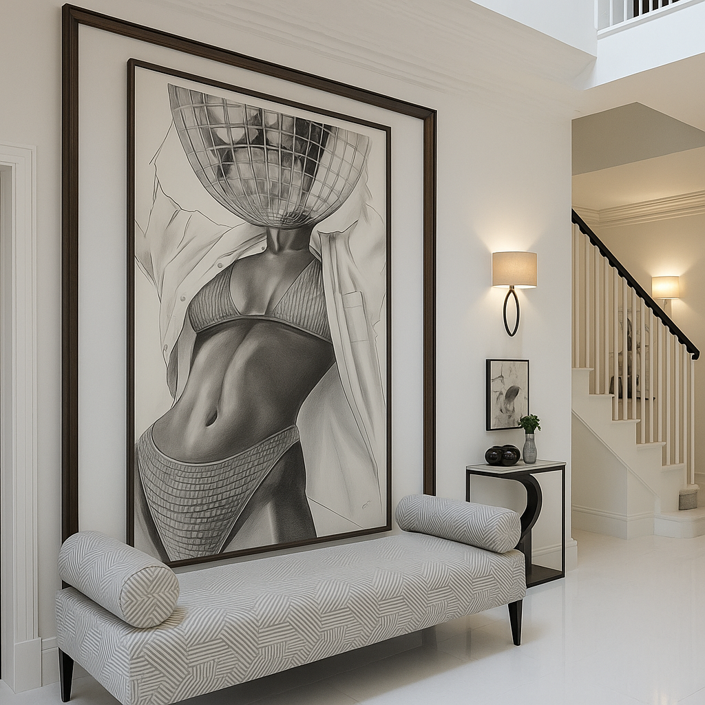 Modern interior with a large black and white artwork on the wall, a bench below it, and a staircase in the background.Custom Artwork
Custom painting for home
Hand painted wall art
Large original paintings for living room
Large statement artwork
Bespoke abstract art
Bespoke art for interiors
Original paintings for living room
Original art for interiors
Custom artwork for interior designers
Luxury wall art for interiors
Artwork for interior Designers


