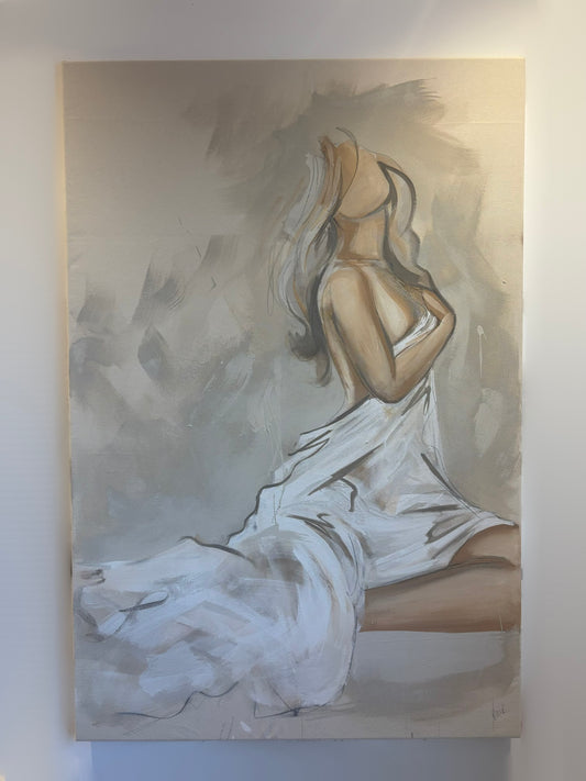Contemporary figurative painting in neutral beige, white and grey tones. The painting is inspired by the renaissance period and features a fabric like composition of paint with the female form. Painted by artist Briony May Richardson at StudioBMR