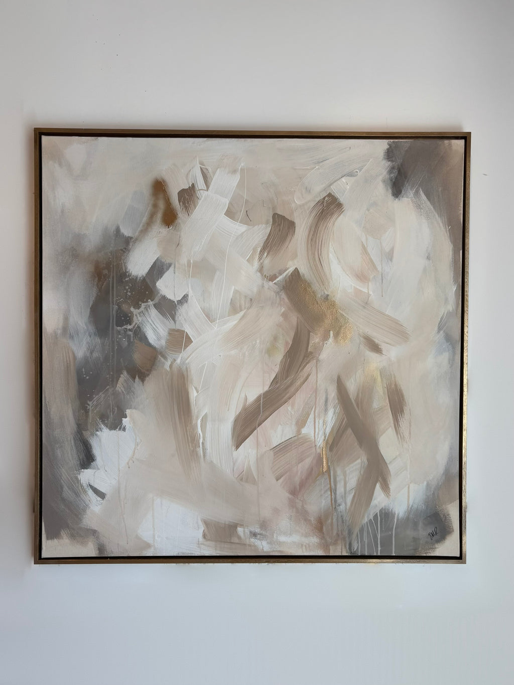 Contemporary abstract layered and washed painting in  whites, blush and mink tones. Perfect for a calm bedroom or spa interior. Painted by Artist Briony May Richardson at StudioBMR