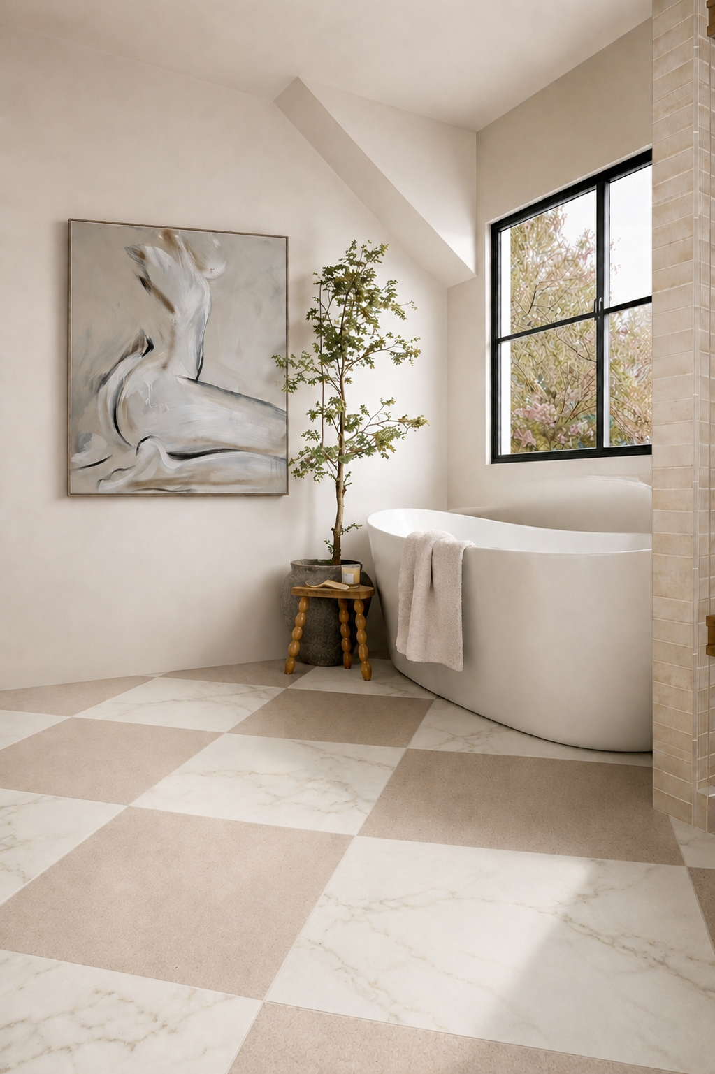 UK Artist Briony May Richardson has painted this figurative artwork on canvas for a neutral bathroom scheme. Styled with white and beige marble effect checkerboard floor tiles from Quorn Stone with a free standing bath and a neutral little greene paint on the walls and ceiling.