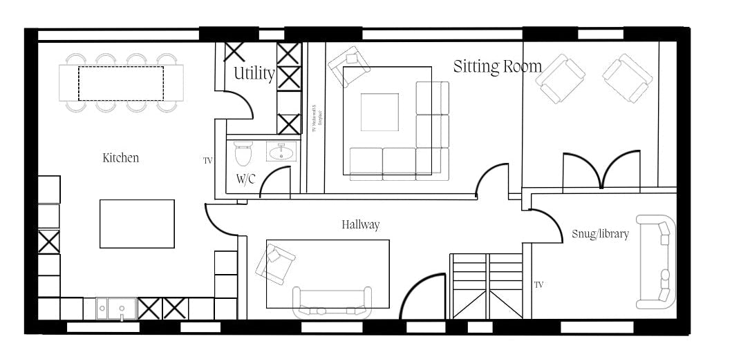 A black and white floor plan diagram showing labeled rooms including kitchen, sitting room, library, hallway, utility, and snug.