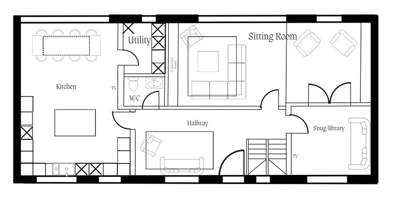 A black and white floor plan diagram showing labeled rooms including kitchen, sitting room, library, hallway, utility, and snug.