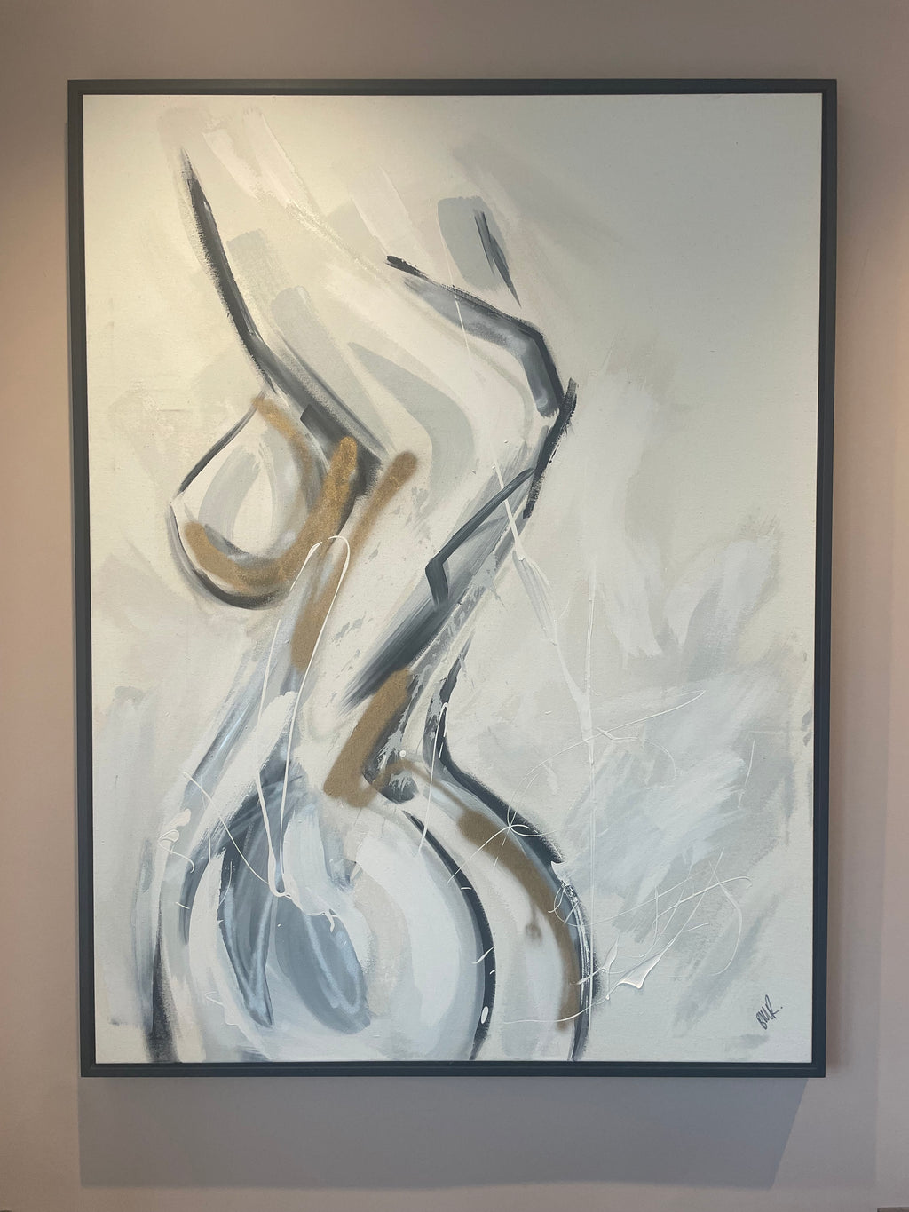 modern figurative painting in black, grey and neutral tones in a minimalist floating black frame. Created by Artist Briony May Richardson at StudioBMR