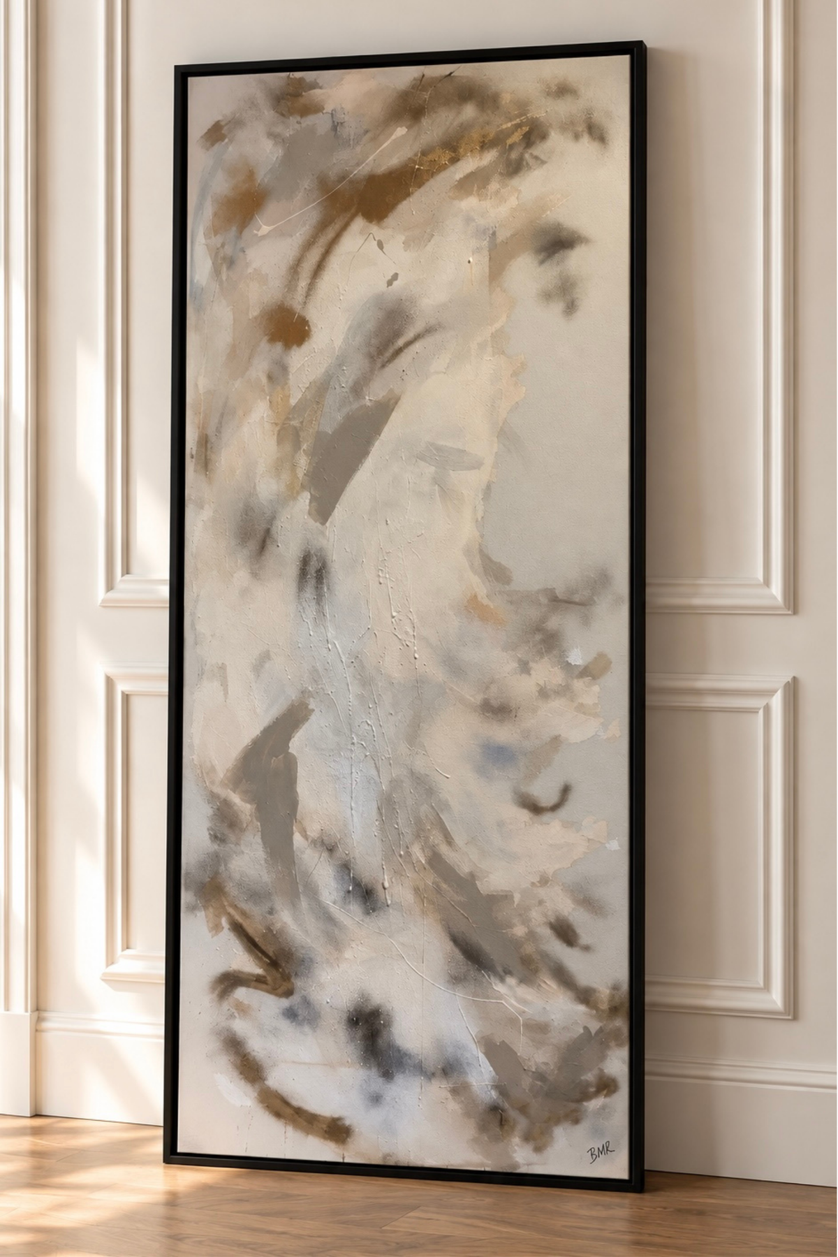 A tall, narrow framed abstract painting with sweeping brushstrokes in cream, beige, gray, and brown tones, leaning against a white paneled wall on a light wood floor.
Bespoke artwork
Commissioned artwork
Custom Artwork
Custom painting for home
Hand painted wall art
Large original paintings for living room
Large statement artwork
Bespoke abstract art
Bespoke art for interiors
Original paintings for living room
Original art for interiors
Custom artwork interior designers
Luxury wall art for interiors
