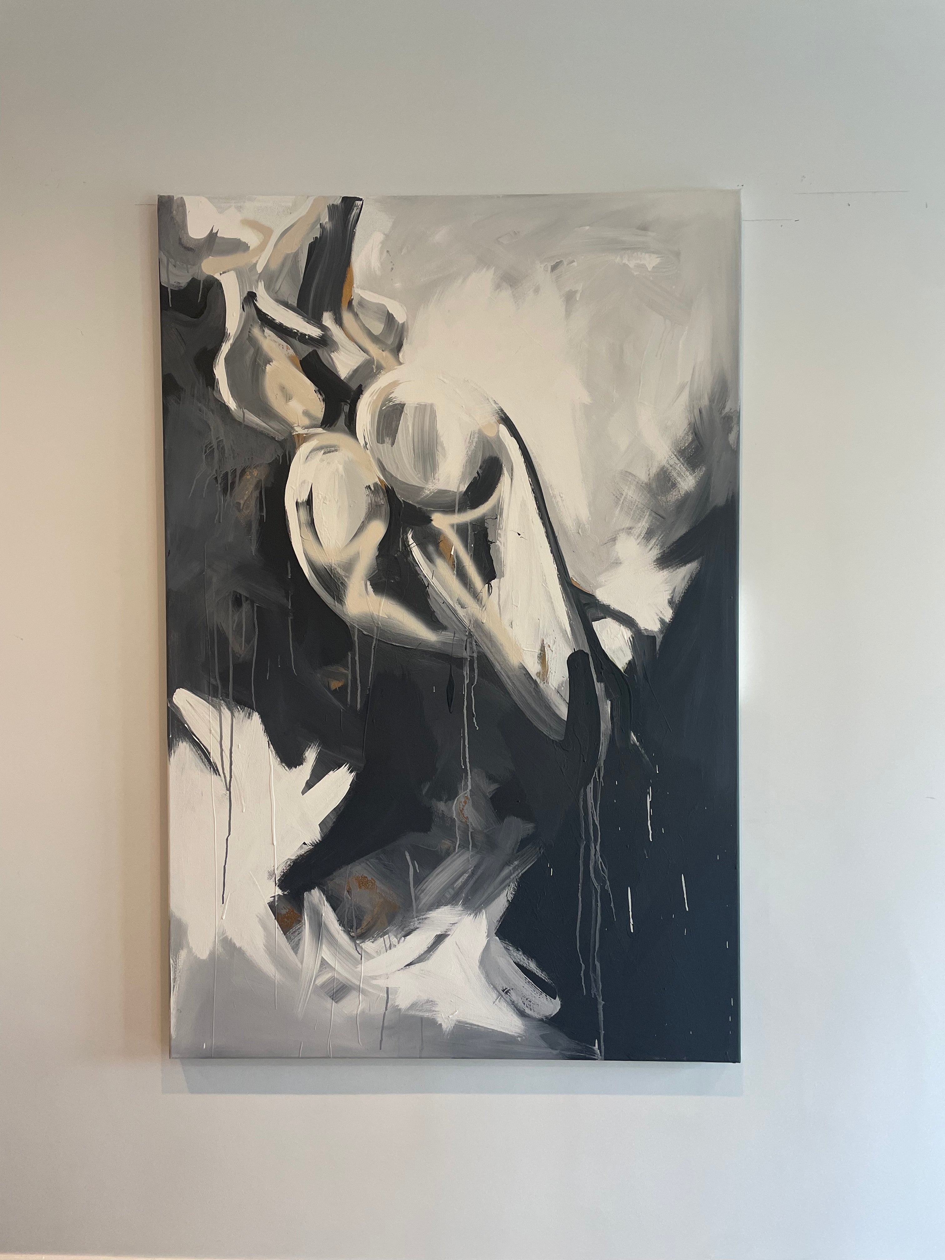 Contemporary modern large scale figure painting between abstract gestural paint layers. Painted in grey tones and ink blue by UK artist Briony May Richardson at StudioBMR