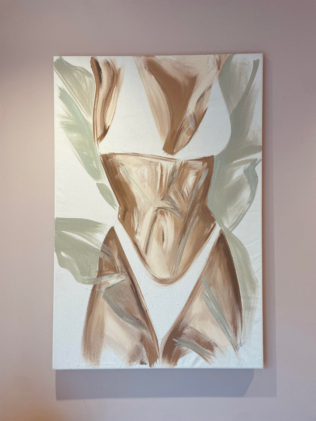 Tropical bikini figurative painting layered with banana leaves by Artist Briony May Richardson at StudioBMR. 