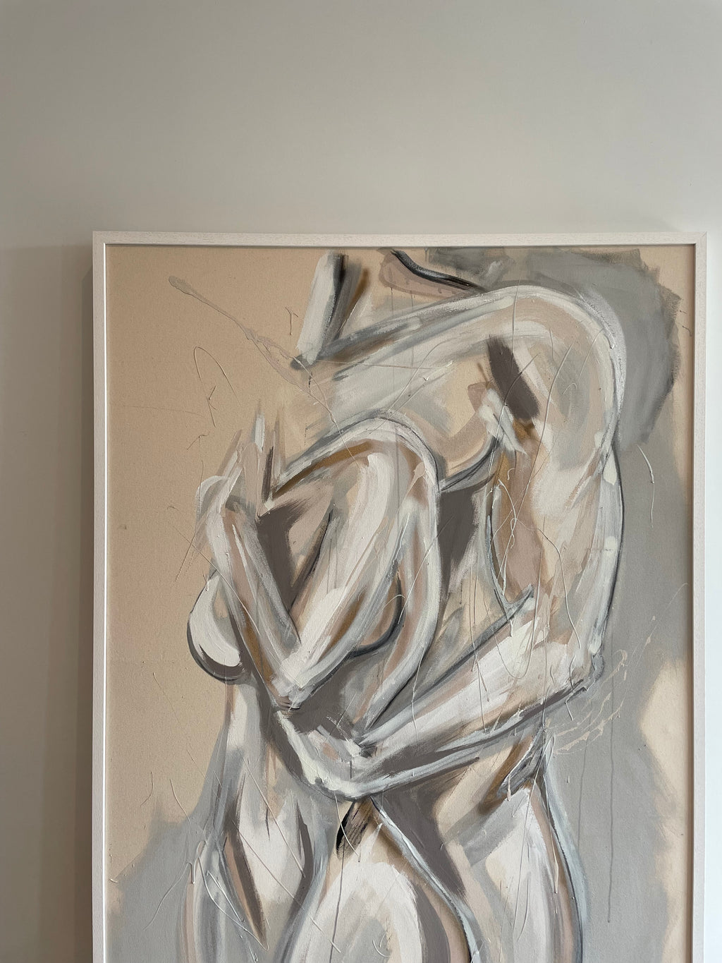 Contemporary abstract figurative painting of a man and woman embracing. Painted by UK artist Briony May Richardson at StudioBMR.