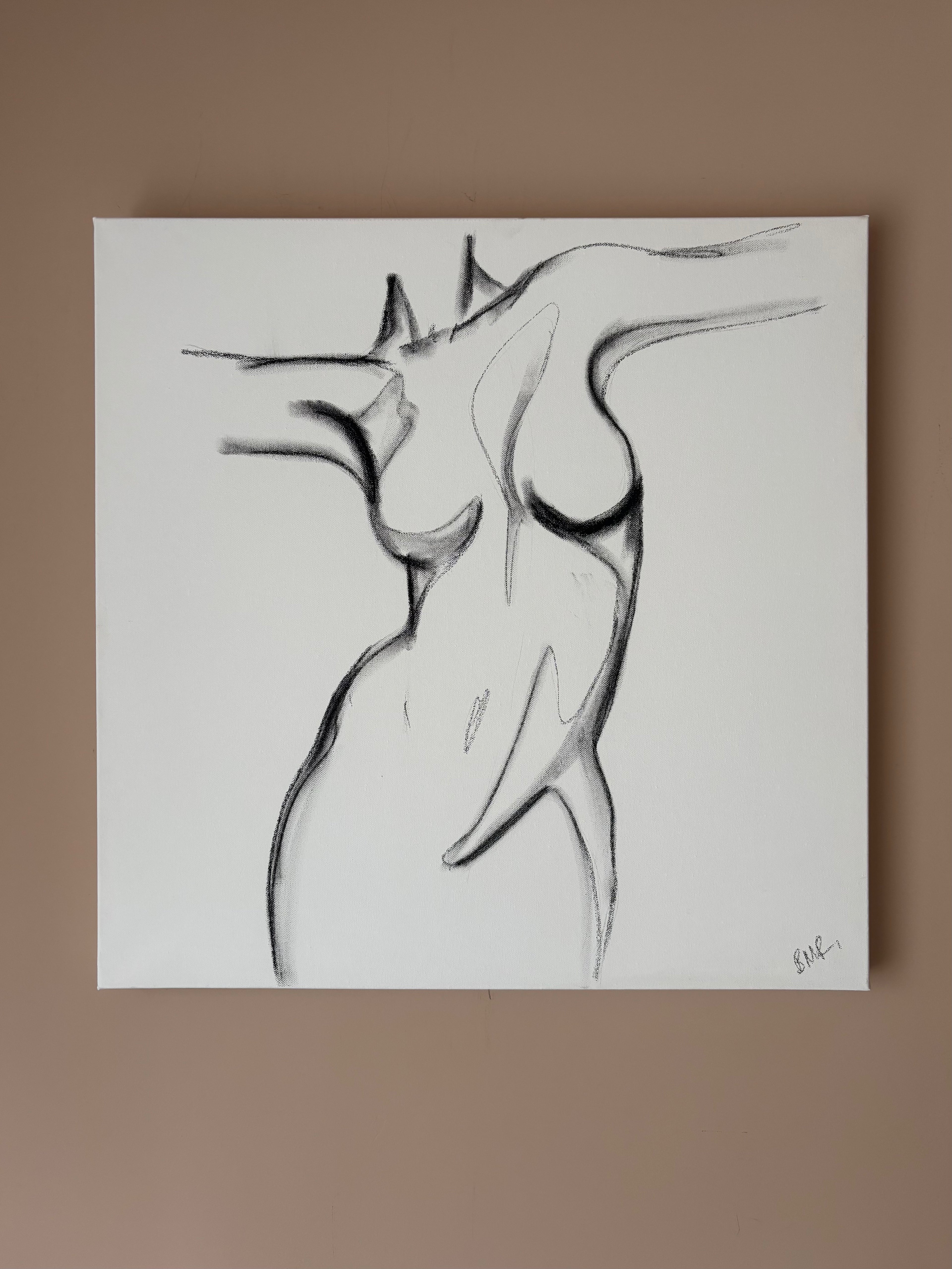 Black and white female figurative artowkr by Artist Briony May Richardson at StudioBMR. Resembles the curves of the female form and movement on the canvas.