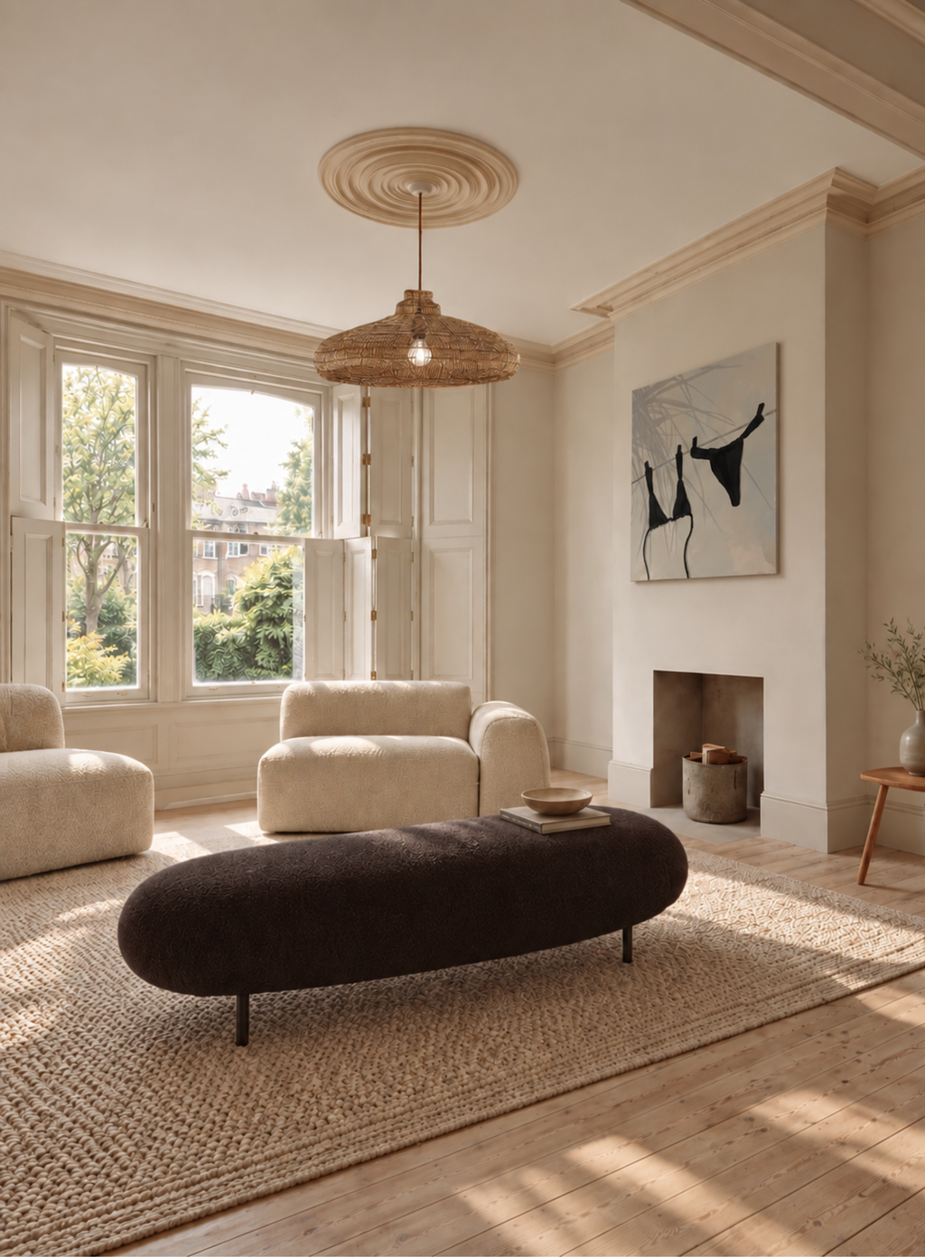 A modern living room featuring a dark brown oval ottoman in the foreground, set on a large woven jute rug. The room has cream-colored walls, a fireplace, a hanging woven pendant light, and a window looking out onto green trees.Bikini shadow on a washing line - Black,grey, Blue and sandy tones.Neutral contemporary abstract large figurative painting.
Bespoke artwork
Commissioned artwork
Custom Artwork
Custom painting for home
Hand painted wall art
Large original paintings for living room
