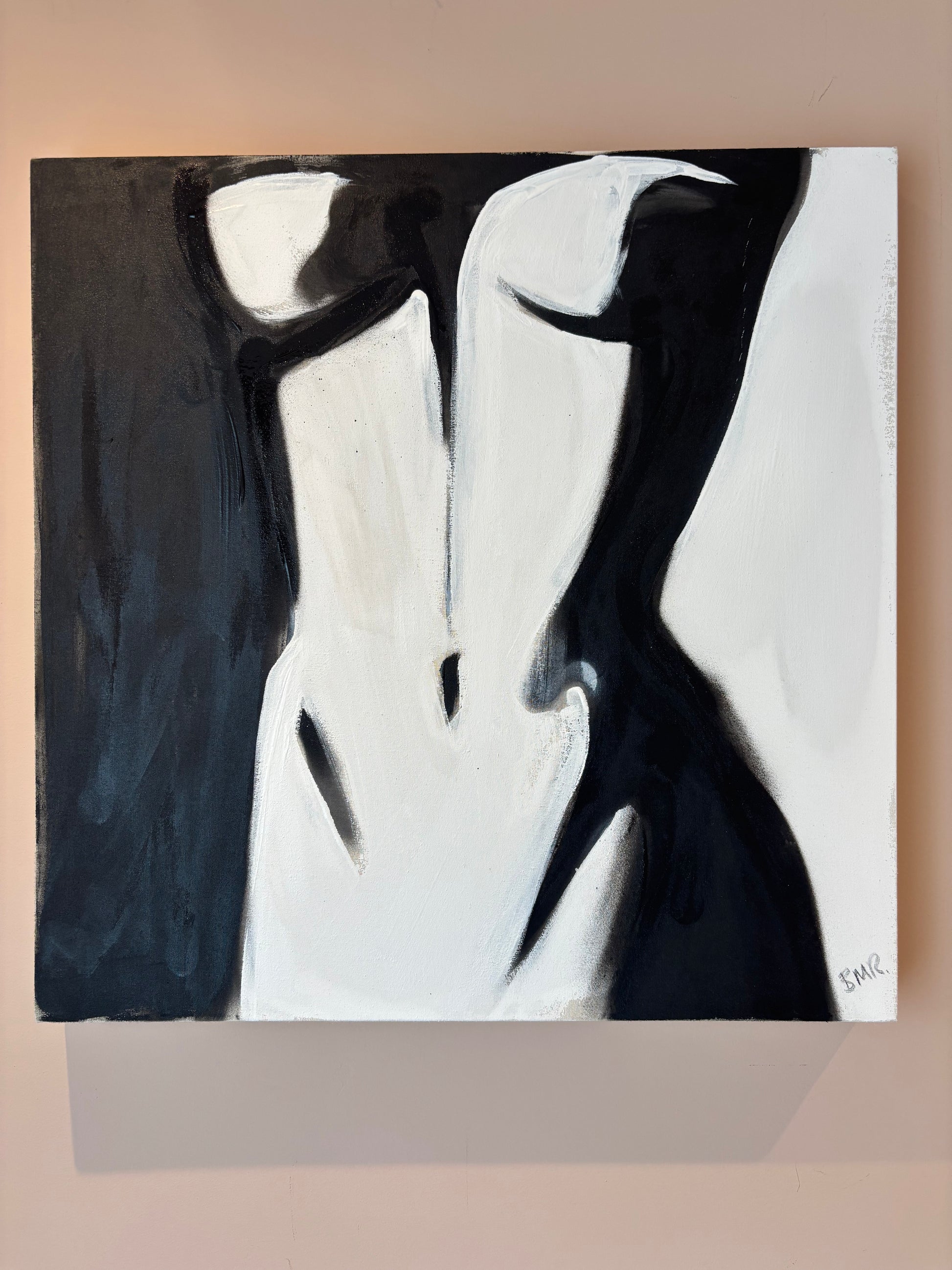 Monochrome block painting of the female form figure curves and shapes. Layers of white and black resemble light and dark. Created by Artist Briony May Richardson at StudioBMR.