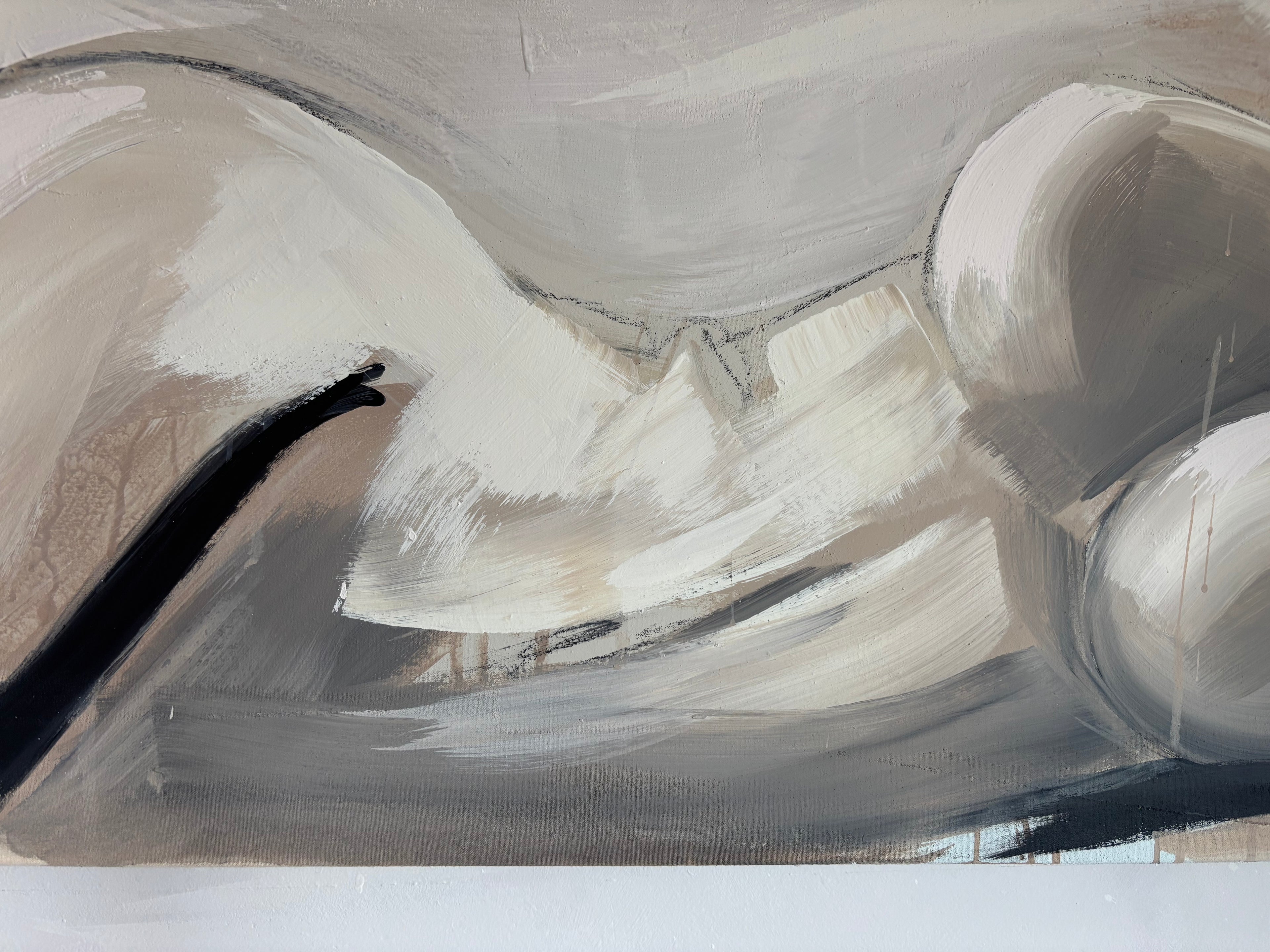 Abstract painting with brush strokes in grey, white, and black. Hand painted artwork by british artist Briony May Richardson at Studio BMR