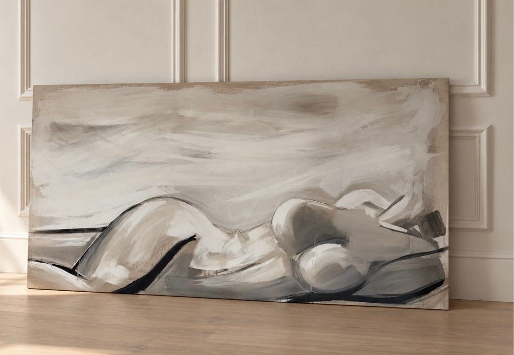 Neutral contemporary abstract large figurative painting. Perfect for a large scale bedroom artistic styling. 
Bespoke artwork
Commissioned artwork
Custom Artwork
Custom painting for home
Hand painted wall art
Large original paintings for living room
Large statement artwork
Bespoke abstract art
Bespoke art for interiors
Original paintings for living room
Original art for interiors
Custom artwork for interior designers
Luxury wall art for interiors
Artwork for interior Designers

