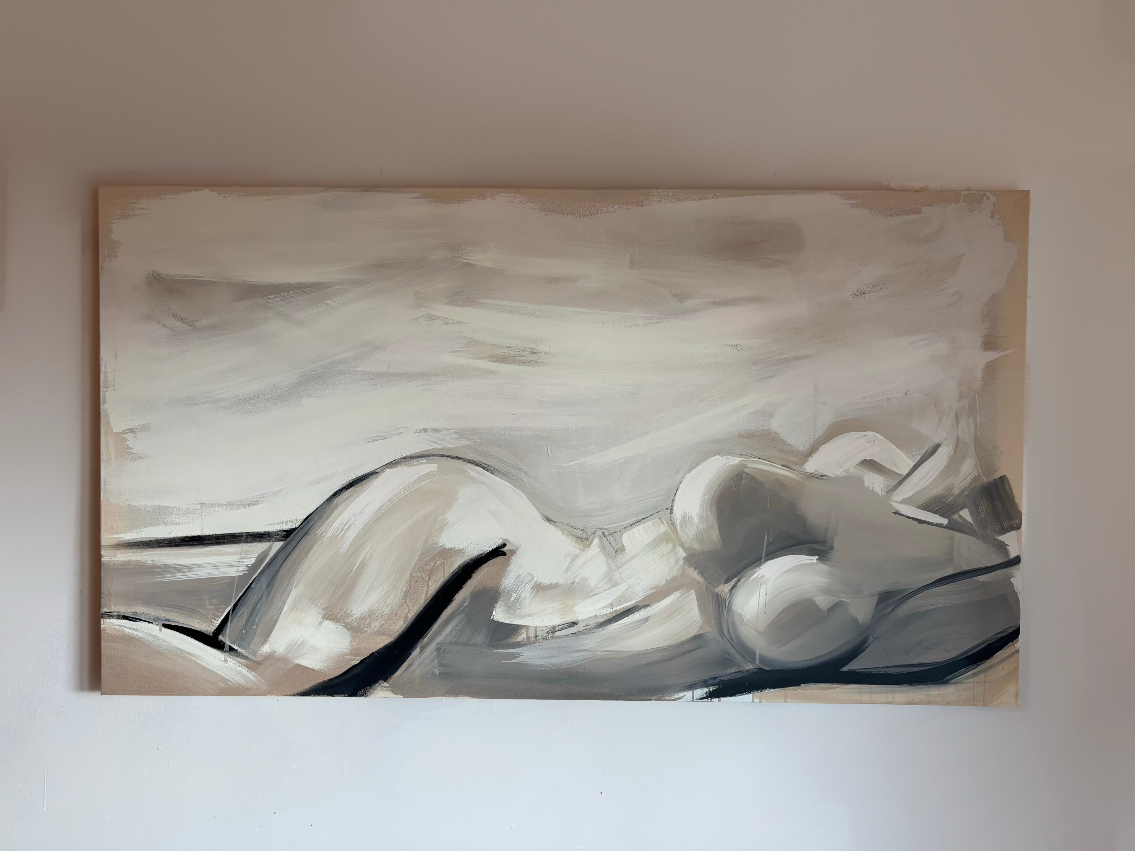 Hand painted artwork on canvas of the female form in white, light grey tones and black. Painted by briony may richardson at studioBMR