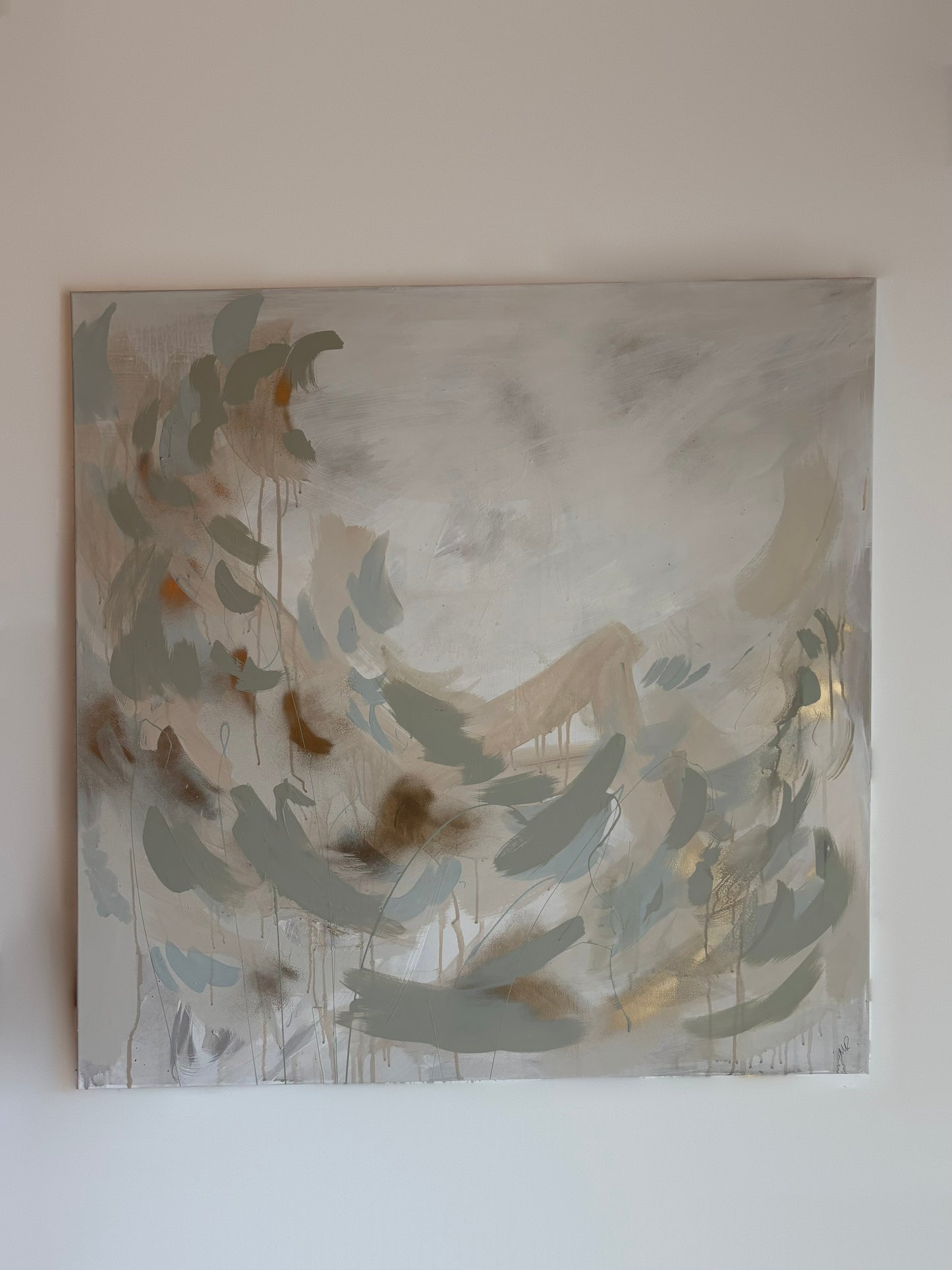 contemporary soft and elegant lustful abstract painting by uk artist Briony May Richardson at StudioBMR. Large brush strokes appear like feathers as they dance across the canvas in dusty pink and sage green tones. Background is washed in grey tones featuring specs of gold. Capturing paint drips and reflective metallic angles