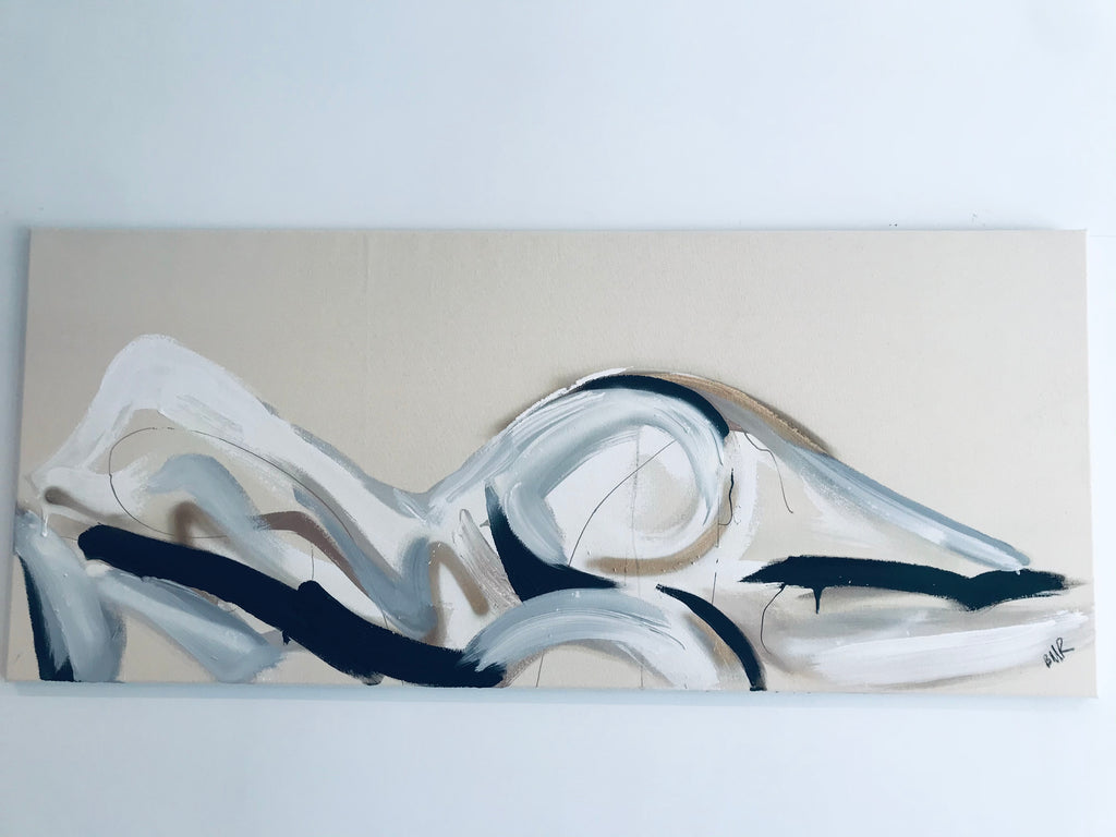 Modern take on feminine gentle imagery of the female form resting. painted with bold block brush strokes and prominent spray paint elements. Created by UK Artist Briony May Richardsonat StudioBMR