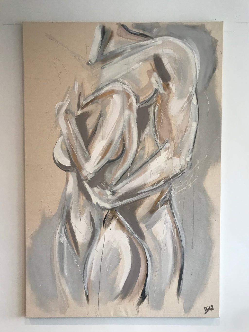 Neutral colour romantic sensual couple figure painting by artist Briony May Richardson. Base in London and Essex, Briony specialises in figurative artworks from paint on canvas to mixedmedia. Grey, white and black elements for a muted interior scheme. Artworks can be bespoke made for Interior design colour palletes.
