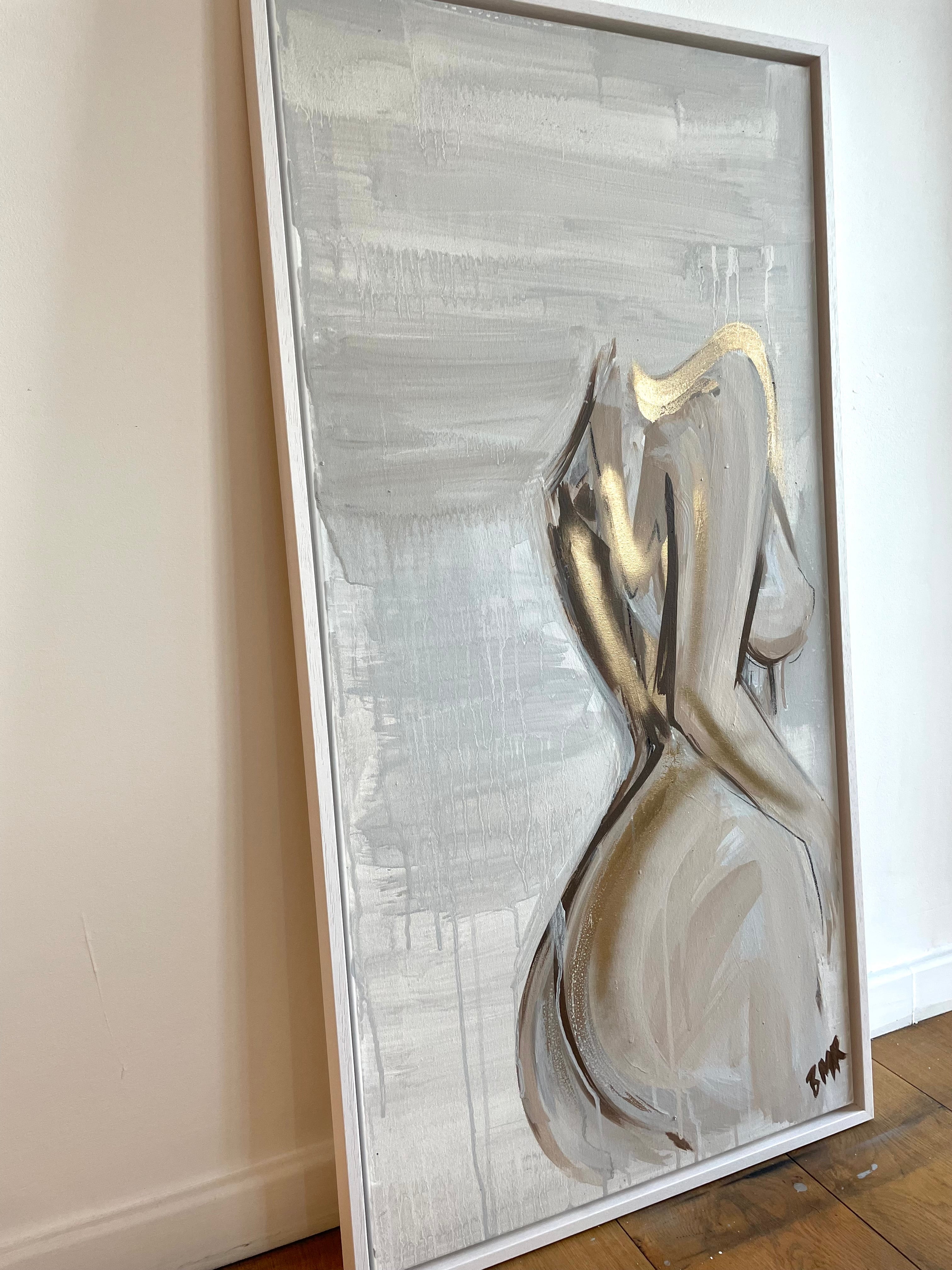 Contemporary figurative painting of the female form figure in washed grey tones with drips and textures. Silhouette outline in tan and brown tones with a gold spray paint highlight. By UK artist Briony May Richardson at StudioBMR